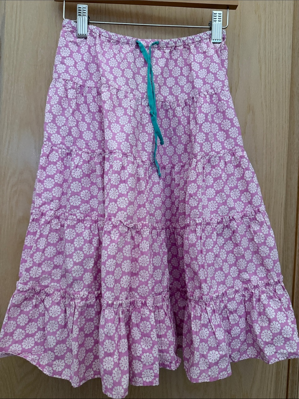 Mini Boden Pink Floral Tiered Skirt with Teal Drawstring
